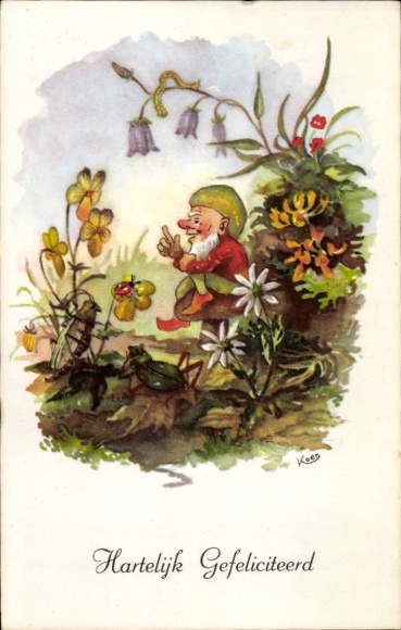 Artist Postcard Congratulations, Dwarf, Grasshopper, Flowers