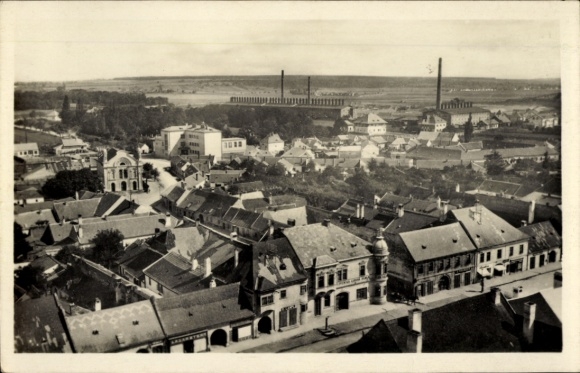 Postcard Pezinok Bösing Bazin Slovakia, aerial view of a city, many roofs, industrial plants in the direction