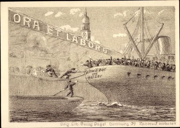 Artist Postcard Ora et labora, anti-Jewish, Jews on steamers for gossips and agitators