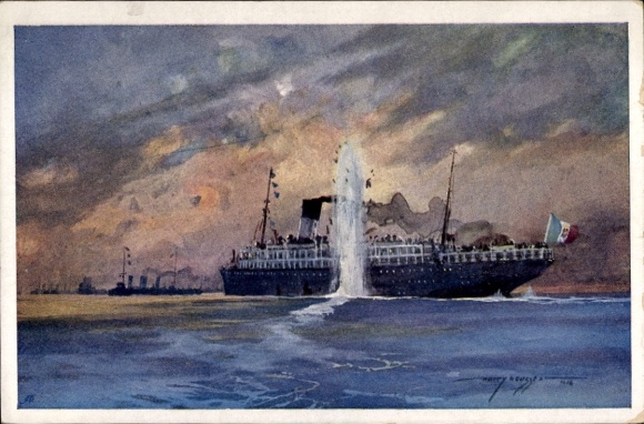 Artist Postcard Heusser, Austrian submarine sinks Italian troop transport, I WW