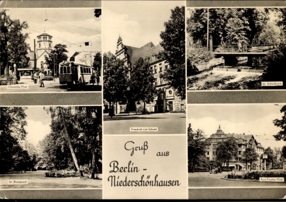 Postcard Berlin Pankow Niederschönhausen, Friedrich List School, Ossietzky Platz