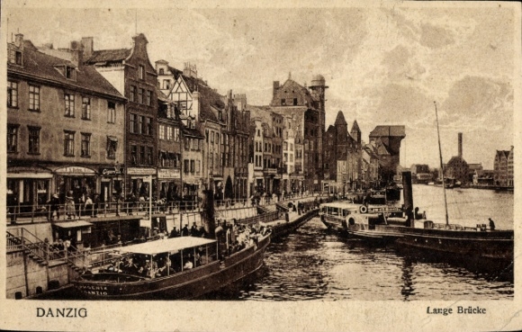 Postcard Gdańsk Danzig, Long Bridge, harbor view, buildings, boats