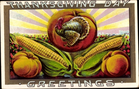 Postcard Thanksgiving, turkey, squash, corn