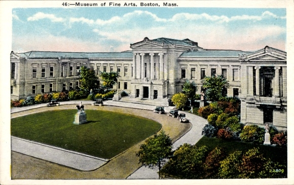 Postcard Boston Massachusetts USA, Museum of Fine Arts, statue in the courtyard, cars visible