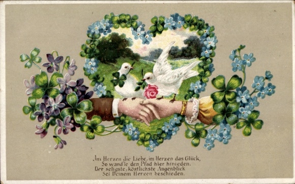 Postcard handshake, doves, lucky clover, forget-me-not