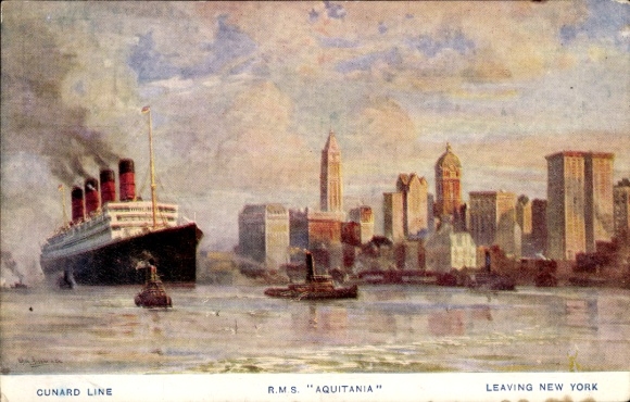 Artist Ak, passenger steamer RMS Aquitania, Cunard Line, departure from New York