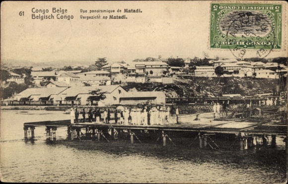Postcard Matadi DR Congo Zaire, panoramic view of water, pier, houses, postmark