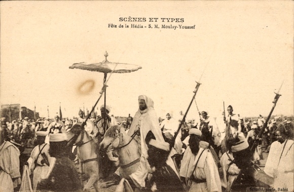 Postcard Morocco, Fete de la Hedia, SM Moulay Youssef, cheval