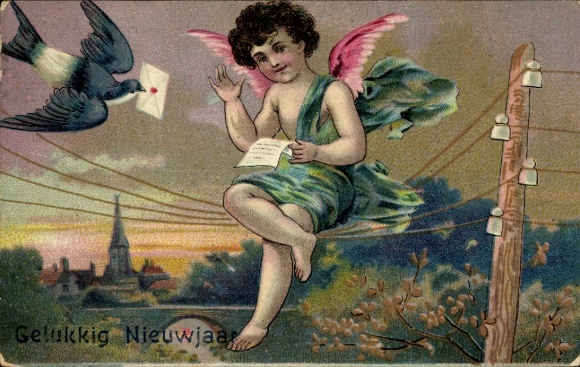 Happy New Year, angel sitting on a telephone line, bird with letter