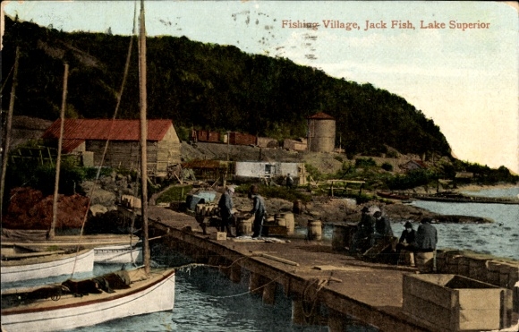 Postcard Winnipeg Manitoba Canada, fishing village, Jack Fish, Lake Superior