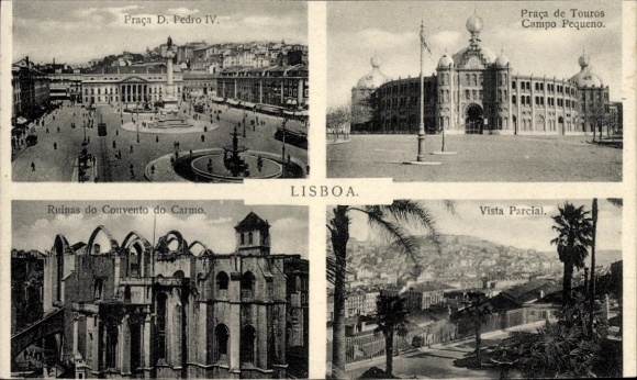Postcard Lisboa Lisbon Portugal, Praça D. Pedro IV, Praça de Touros, Ruinas do Convento do Carmo, Vis