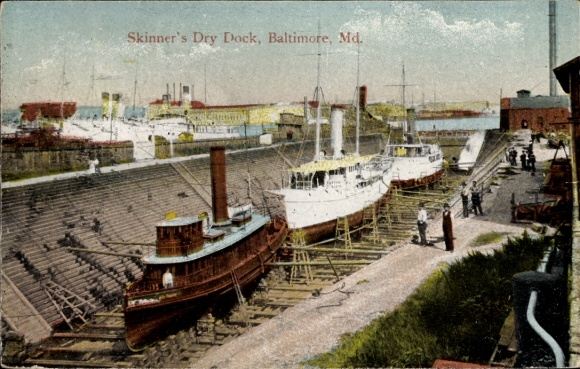 Postcard Baltimore Maryland USA, Skinners Dry Dock, Steamer