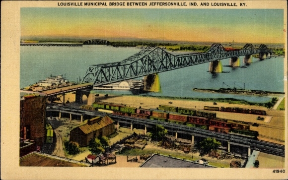 Postcard Louisville Kentucky USA, city bridge between Jeffersonville Ind. and Louisville
