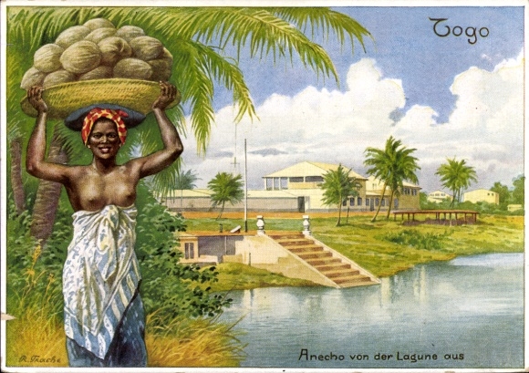 Artist Postcard Trache, Anecho Togo, colony, lagoon, bare-breasted African woman, coconuts
