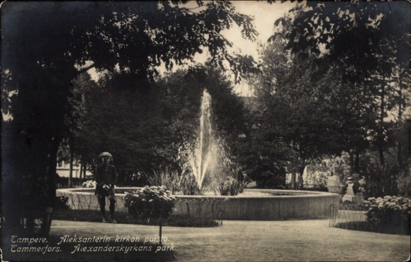 Postcard Tammerfors Tampere Finland, fountain, park landscape, trees, statue,