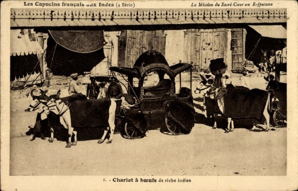 Postcard India, French Capuchins in India, oxcart