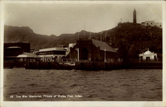 Postcard Aden Yemen, War Memorial, Prince of Wales Pier, black and white photo