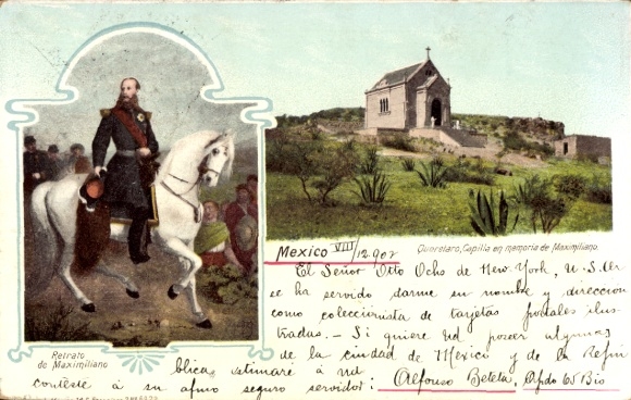 Postcard Queretaro México, Capilla en memoria de Maximiliano, Retrato de Maximiliano