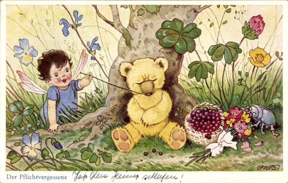 Artist Postcard Baumgarten, F., Neglectful, Child, Flowers, Teddy