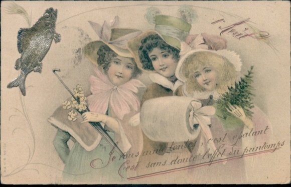 Postcard Congratulations April 1st, Three Girls, Fish