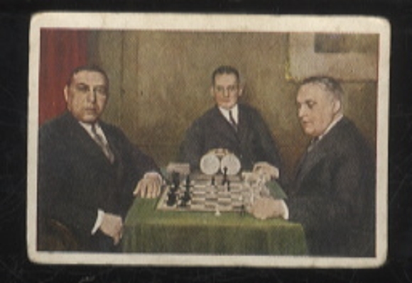 Jenidze Cigarettes Dresden collectible card, famous chess players Rubinstein and Bogoljubow, 6 x 4 cm