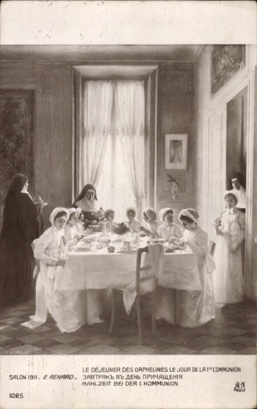 Artist Postcard Renard, E., Orphan Girl, Meal at First Communion
