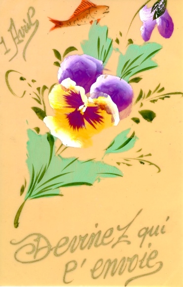 Celluloid PC congratulations April 1st, flowers, pansies