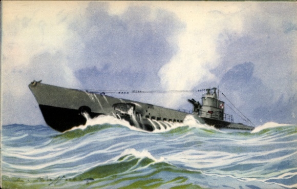 Artist Postcard Haffner, French submarine, Sous Marin Ariane, Marine Militaire Francaise