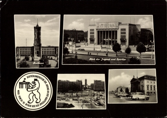 Postcard Berlin Mitte, Town Hall, Alexanderplatz, Youth and Sports Club, German State Opera