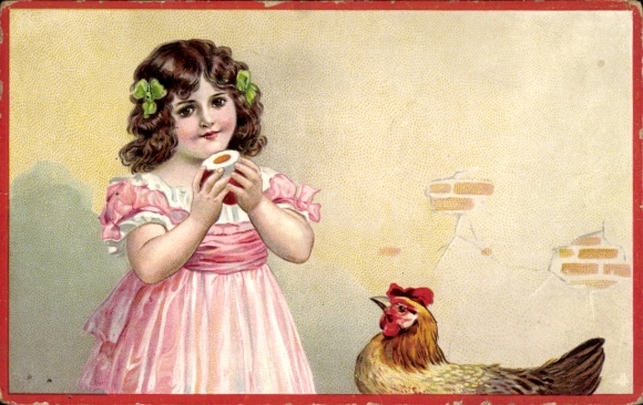 Passepartout embossing, Happy Easter, girl, egg, chicken