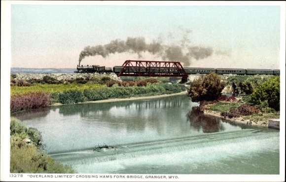 Postcard Granger Wyoming USA, Overland Limited crossing the Hams Fork Bridge