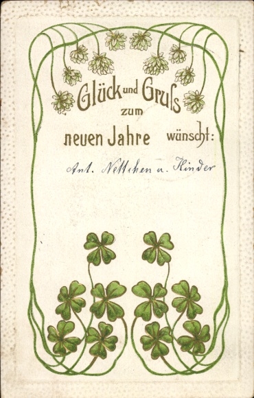 Art Nouveau embossed New Year's greeting card, clover leaves