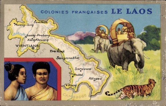Maps Postcard Vientiane Laos, Colonies Francaises, Elephants, Tigers