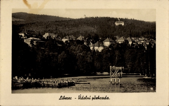 Postcard Liberec Reichenberg in Bohemia, reservoir, panorama, town