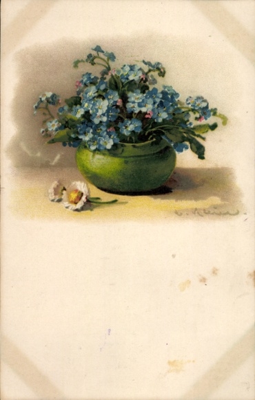 Artist Postcard Klein, Catharina, Happy Birthday, Bowl with Forget-me-nots and Daisies
