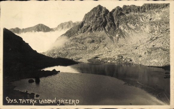 Postcard Vysoké Tatry High Tatras Slovakia, mountain landscape, lake, snow, sys. TATRY, LADOVÉ JAZERO