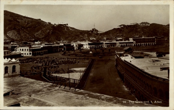 Postcard Aden Yemen, The Crescent in landscape with hills, architecture