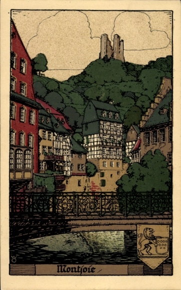 Lithograph, Monschau Montjoie in the Eifel region, partial view, bridge, castle