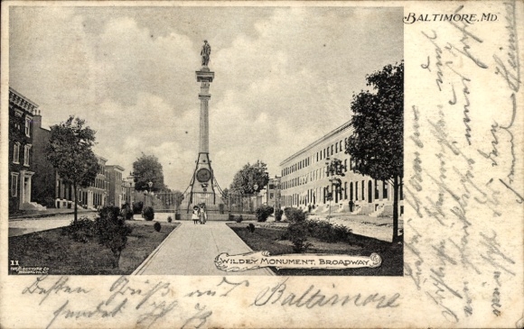 Postcard Baltimore Maryland USA, Wildey Monument in parks, buildings in the background