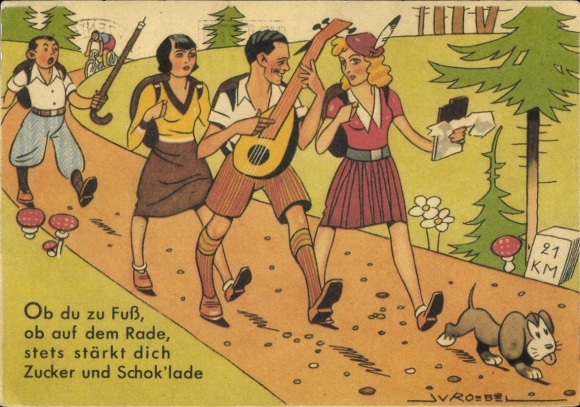 Artist Postcard Roebel, Whether on foot or by bike, sugar and chocolate always strengthen you, hiker