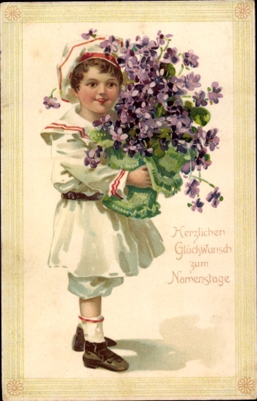Postcard Congratulations on your name day, child with bouquet of flowers
