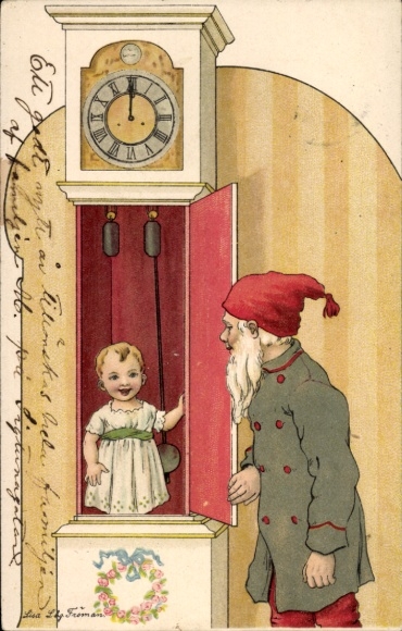 Artist Postcard Zwerg, Child in a grandfather clock