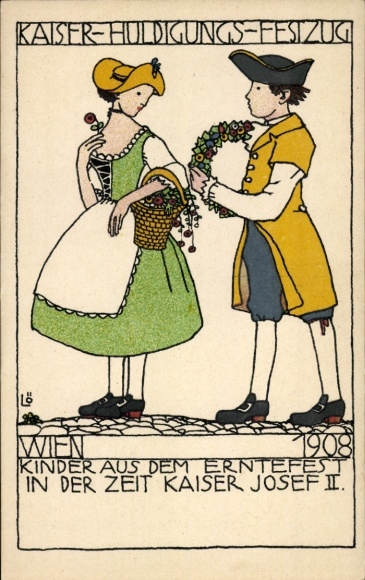 Artist Postcard Bertold Löffler, Vienna, Emperor's Homage Procession 1908, Children from the Harvest Festival