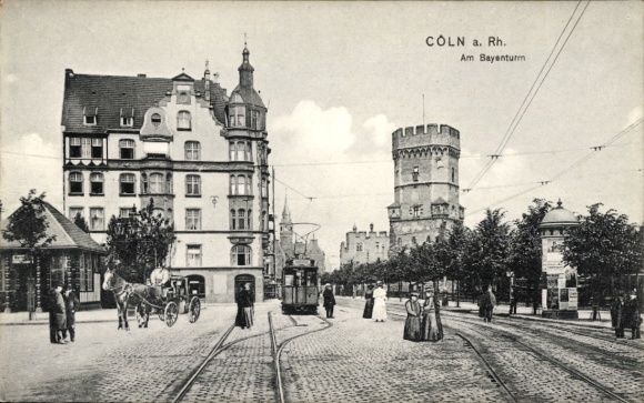 Postcard Cologne on the Rhine, city life, Bayenturm, tram