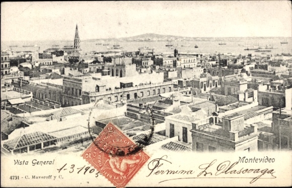 PC Montevideo Uruguay, panorama of ships in the harbor, postmark, address to Paris
