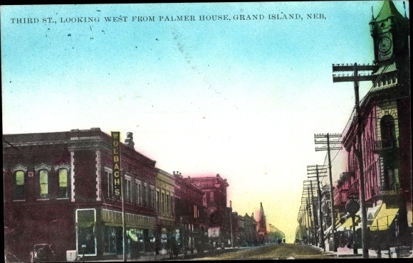 Postcard Grand Island Nebraska USA, Third Street looking West from Palmer House