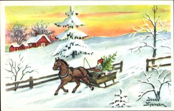 Artist Postcard Nyström, Jenny, Merry Christmas, Sleigh Team