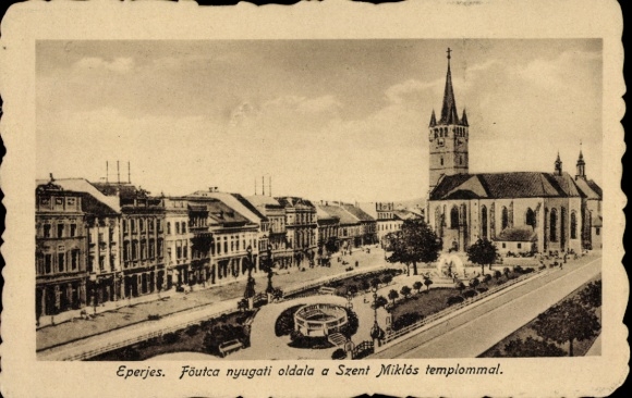 Postcard Prešov Eperjes Eperies Slovakia, Foutca nyugati oldala a Szent Miklós templommal