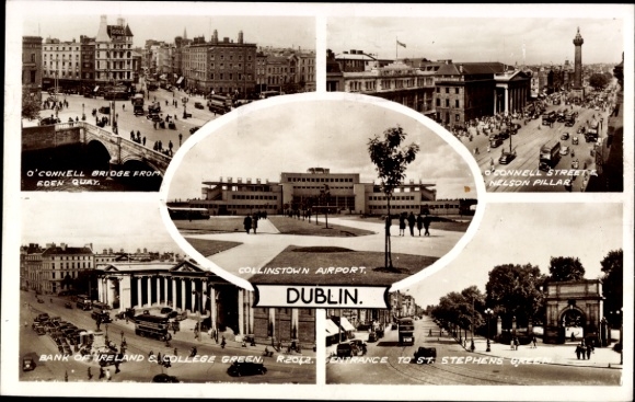 Postcard Dublin Ireland, O'Connell Bridge, Collinstown Airport, Nelson Pillar, College Green, Dublin