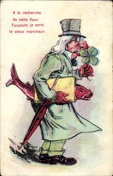 Artist Postcard Man carries a fish under his arm and licks a clover leaf